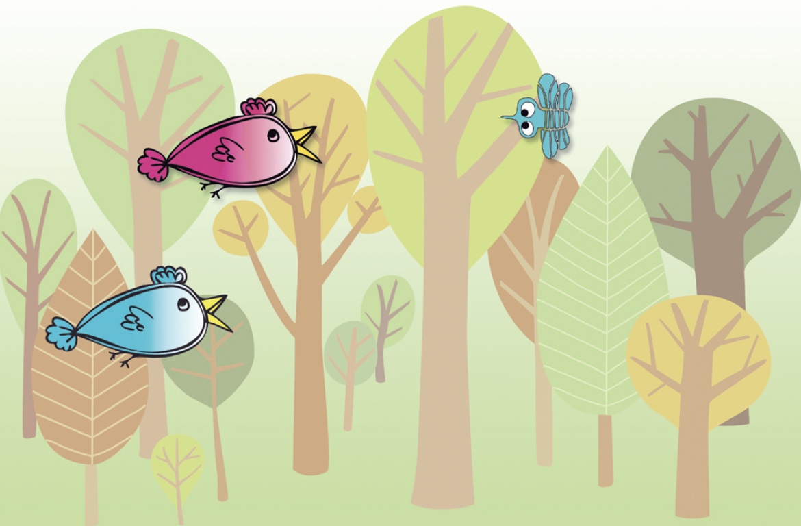 Lufttacho Kinder-Spiel: bunte Vögel jagen im Wald eine Mücke — Atmen wird zum Spiel.