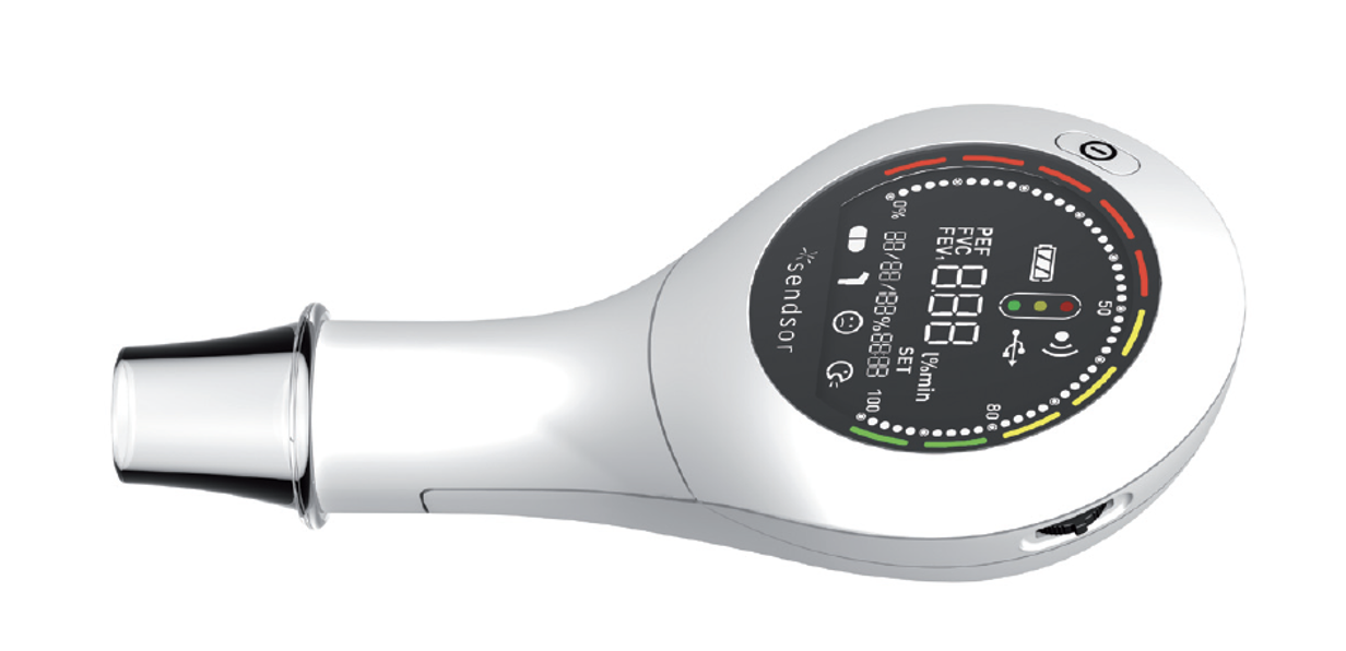 Lufttacho Spirometer — kompaktes, kindgerechtes Atemmess-Gerät mit LED-Anzeige.